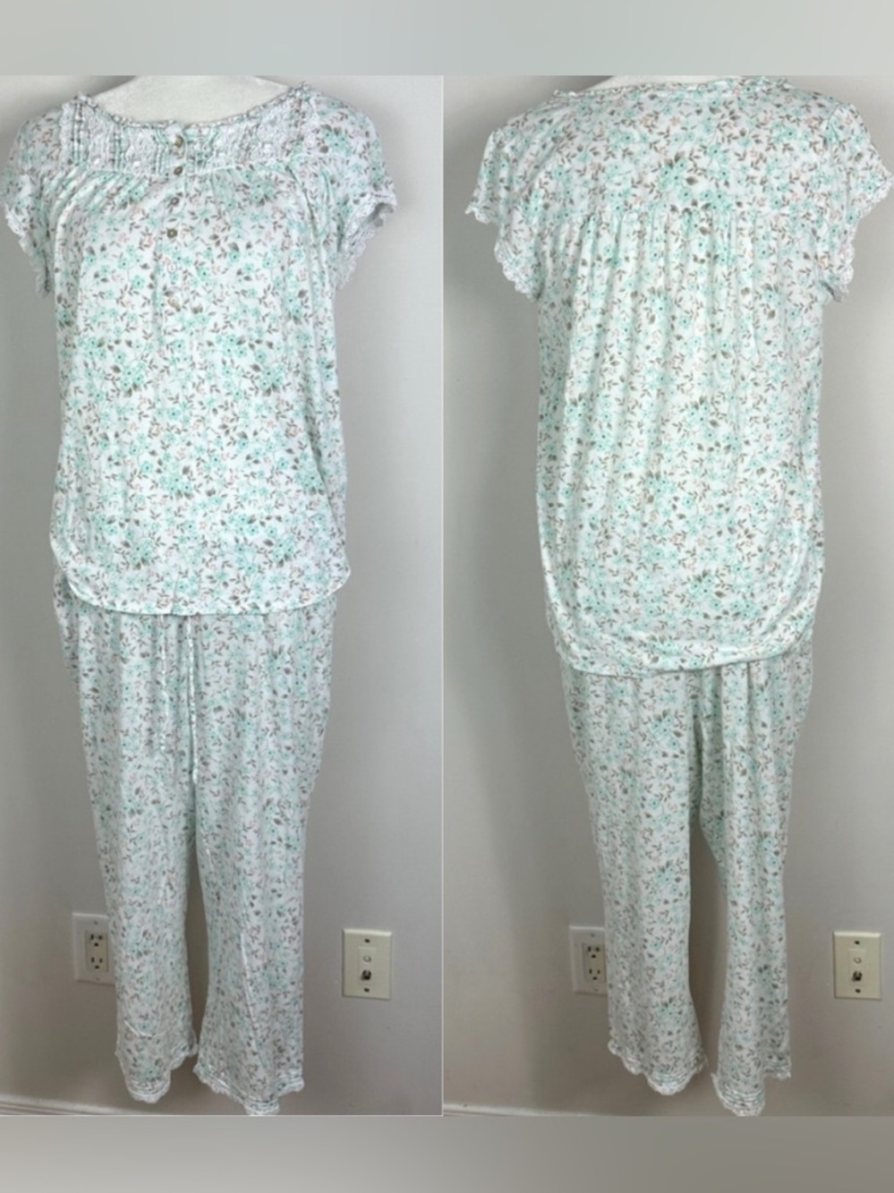 Eileen West Lace Trim Pyjama Set Floral Print Womens Size Medium Modal Wide Leg